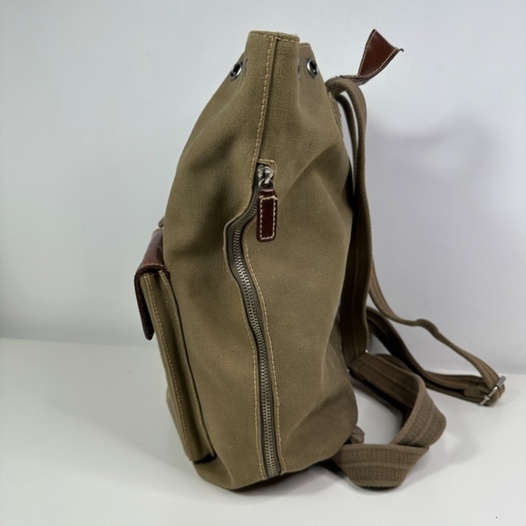 Fossil Green Canvas Brown Leather-Trim Backpack Travel Bag - Picture 6 of 13